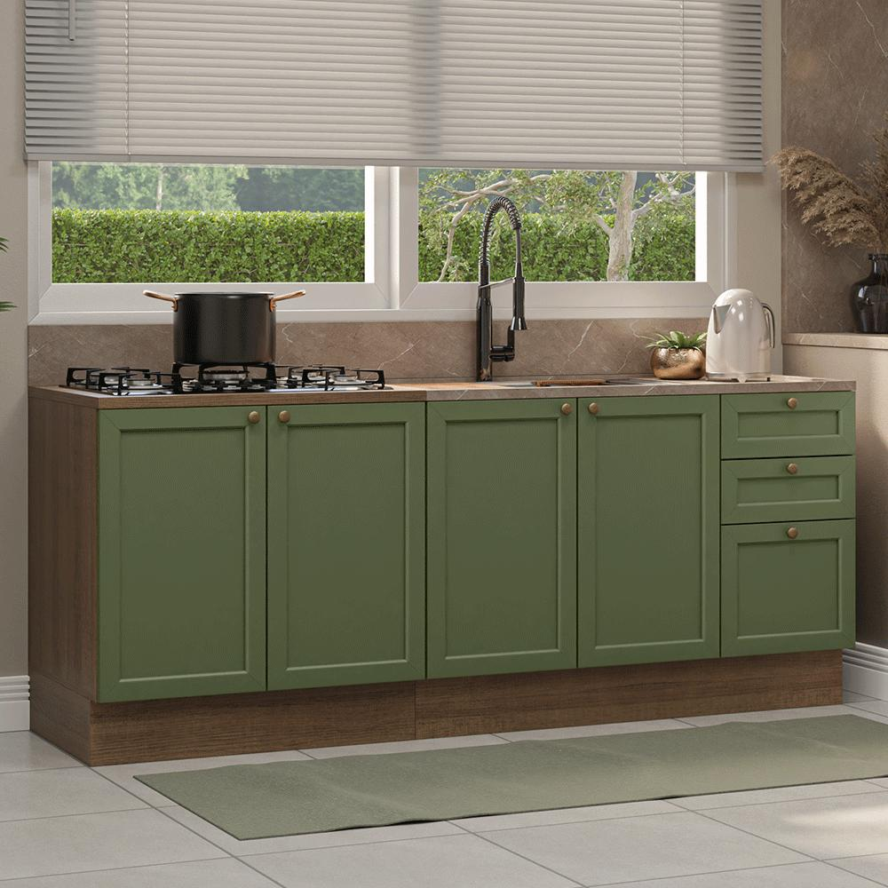 Kit com 2 Balcões de Cozinha 3 Gavetas 4 Portas (Sem Tampo e Pia) Rustic/Verde Vik Madesa 01 Kit com 2 Balcões de Cozinha 3 Gavetas 4 Portas (Sem Tampo e Pia) Rustic/Verde Vik Madesa 01