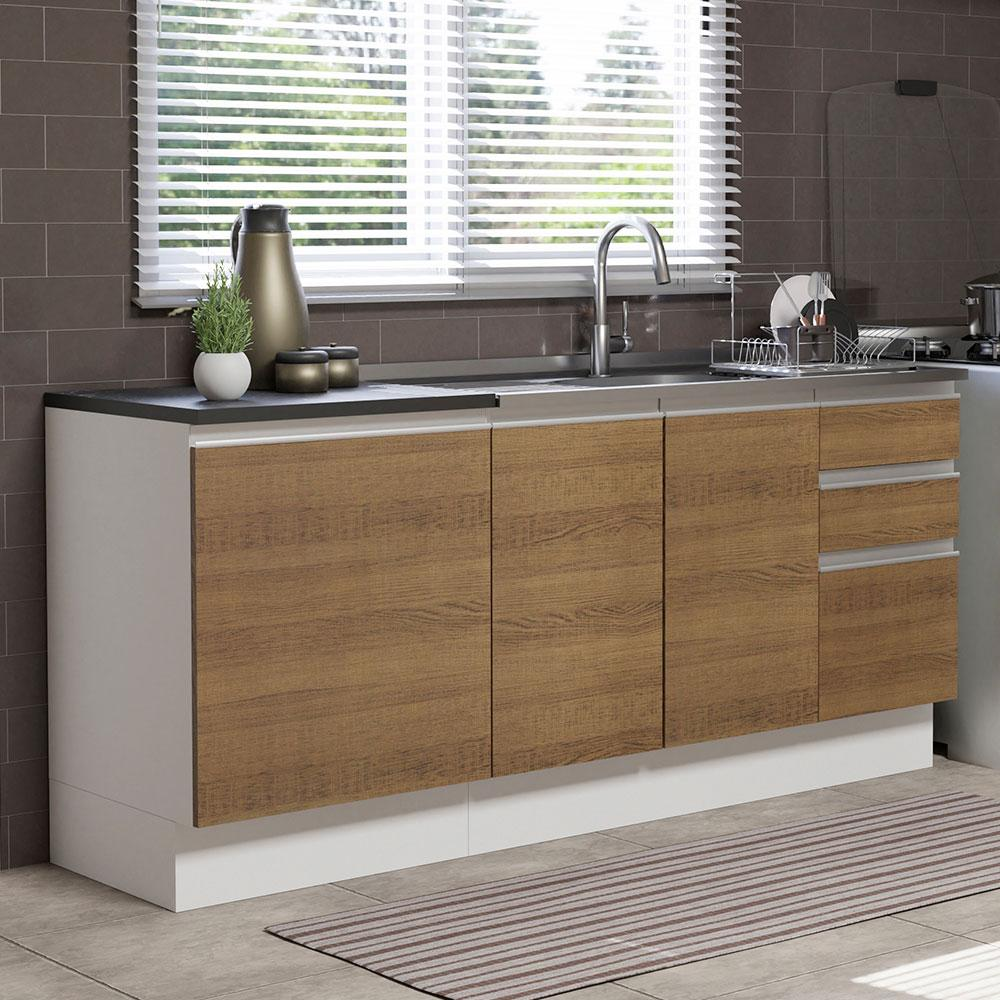 Kit com 2 Balcões de Cozinha Madesa Acordes 100% MDF (Sem Tampo e Pia) - Branco/Rustic Kit com 2 Balcões de Cozinha Madesa Acordes 100% MDF (Sem Tampo e Pia) - Branco/Rustic