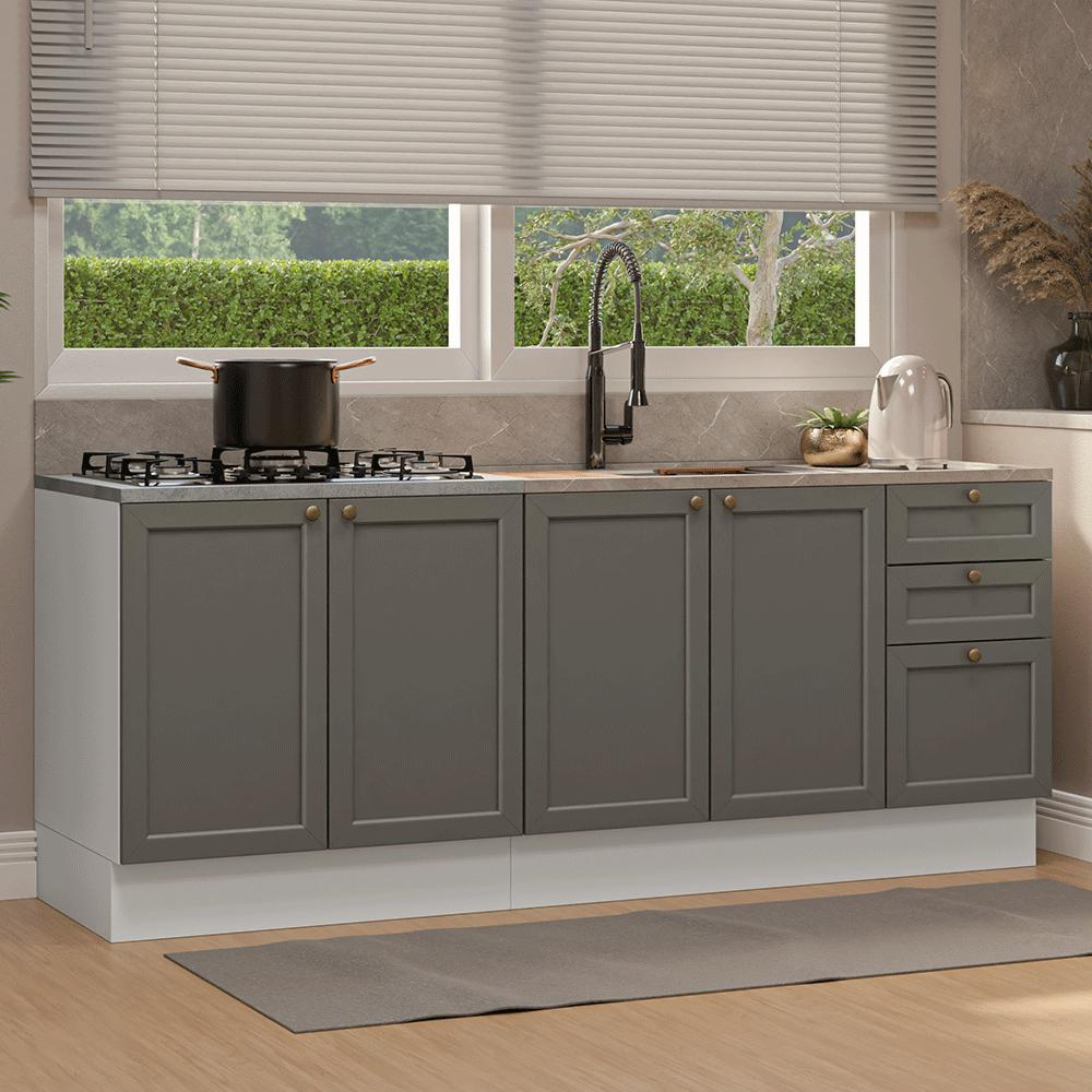 Kit com 2 Balcões de Cozinha 3 Gavetas 4 Portas (Sem Tampo e Pia) Branco/Cinza Vik Madesa 01 Kit com 2 Balcões de Cozinha 3 Gavetas 4 Portas (Sem Tampo e Pia) Branco/Cinza Vik Madesa 01