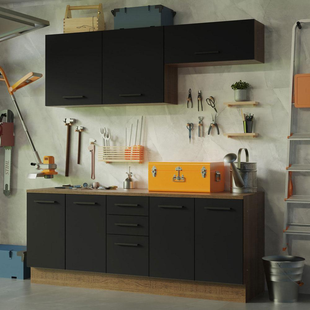 Kit com 2 Balcões e 2 Armários Aéreos Multiuso 200cm Rustic/Preto Agata Madesa Kit com 2 Balcões e 2 Armários Aéreos Multiuso 200cm Rustic/Preto Agata Madesa