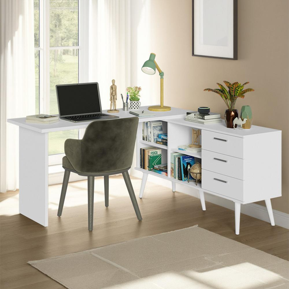 Escrivaninha Mesa de Estudos De Canto 3 Gavetas Branco Lisboa Madesa Escrivaninha Mesa de Estudos De Canto 3 Gavetas Branco Lisboa Madesa