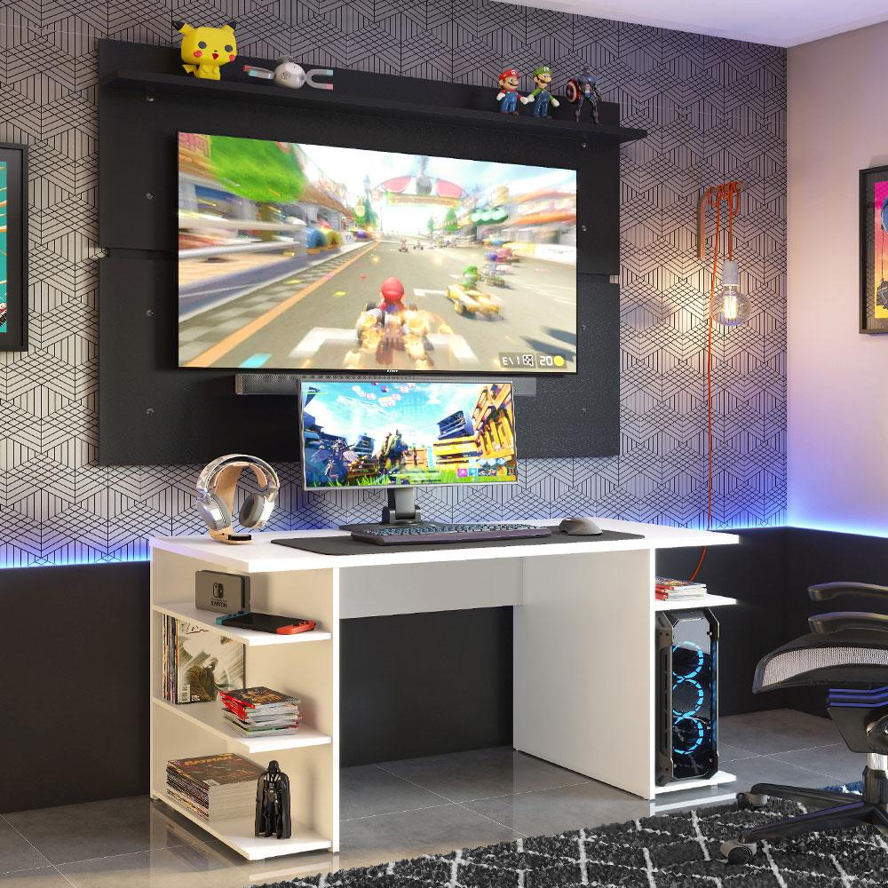 Mesa para Computador Gamer Madesa 9409 e Painel para TV até 65 Polegadas - Branco/Preto Mesa para Computador Gamer Madesa 9409 e Painel para TV até 65 Polegadas - Branco/Preto