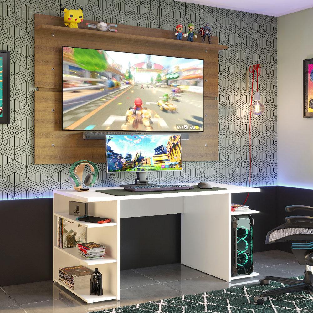 Mesa para Computador Gamer Madesa 9409 e Painel para TV até 65 Polegadas - Branco/Rustic Mesa para Computador Gamer Madesa 9409 e Painel para TV até 65 Polegadas - Branco/Rustic