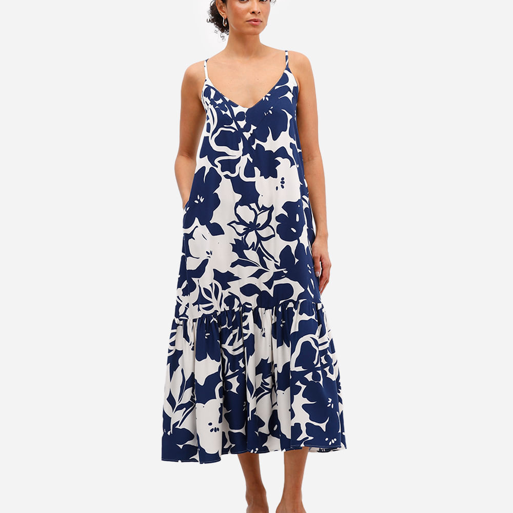 Vestido midi feminino de viscose com recorte floral azul Vestido midi feminino de viscose com recorte floral azul
