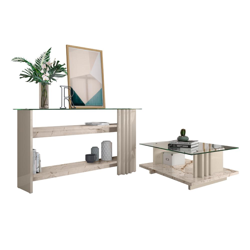 Conjunto Bancada e Mesa de Centro Darshan Calacata Off-White Conjunto Bancada e Mesa de Centro Darshan Calacata Off-White