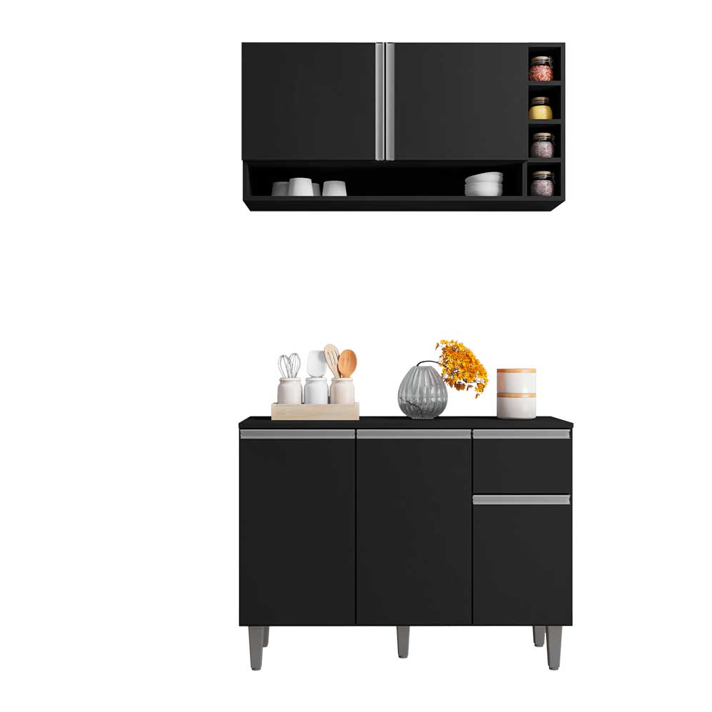 Kit Armario de Cozinha e Balcão Vanessa de 1,00cm C/ Tampo Preto - Montanaris Decor