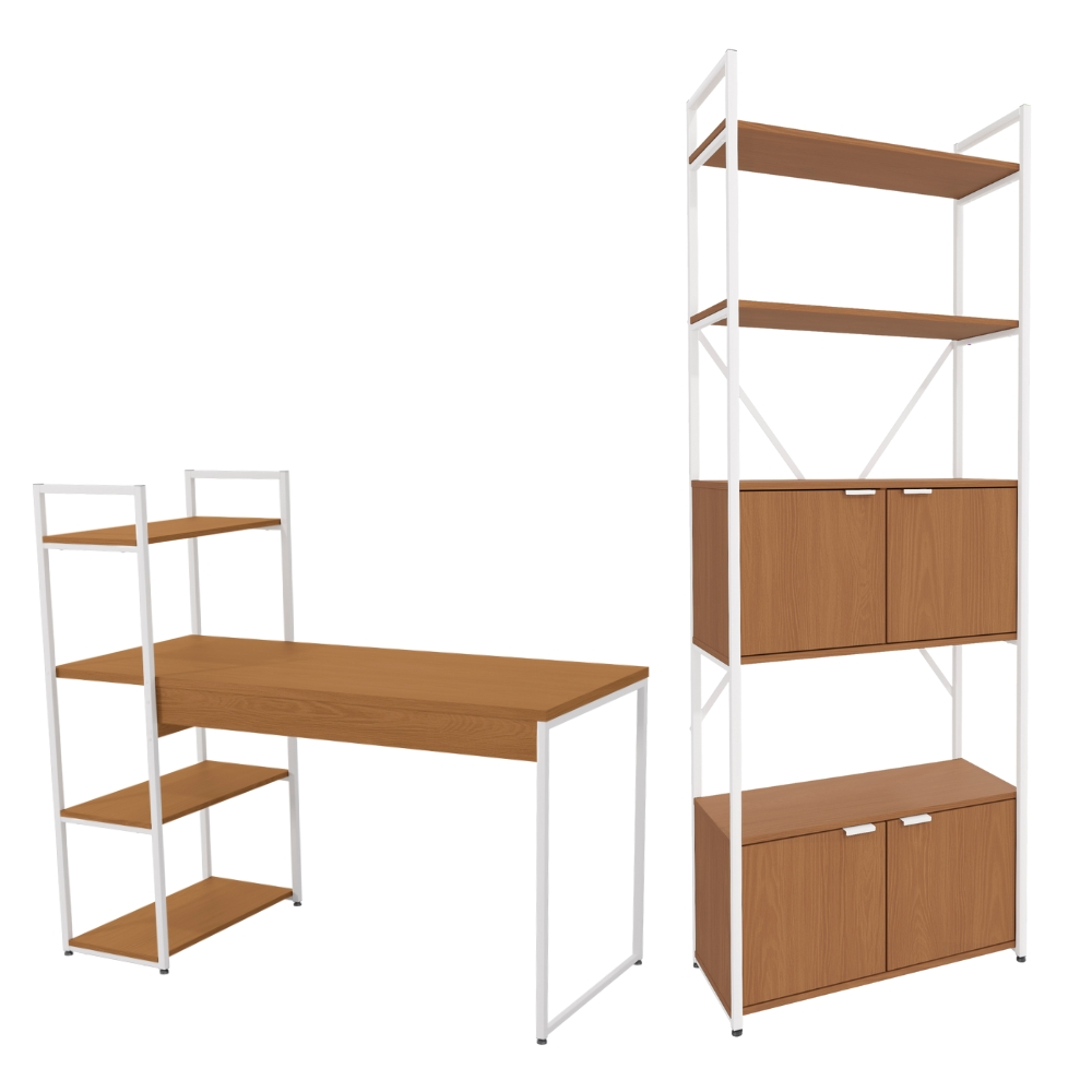 Mesa Escrivaninha E Estante Alta 4 Portas Canela Branco KPB Mesa Escrivaninha E Estante Alta 4 Portas Canela Branco KPB