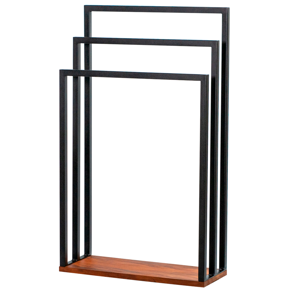 Toalheiro De Piso Triplo Lovell Metal Base em Madeira Peroba Preto DHom