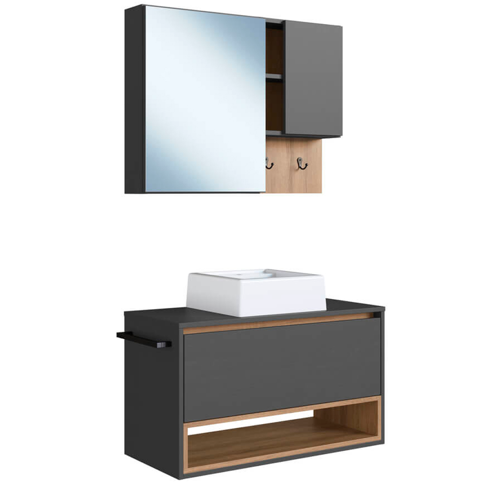 Conjunto Armario e Gabinete 80cm Com Cuba Mel Grafite PRODDY Conjunto Armario e Gabinete 80cm Com Cuba Mel Grafite PRODDY