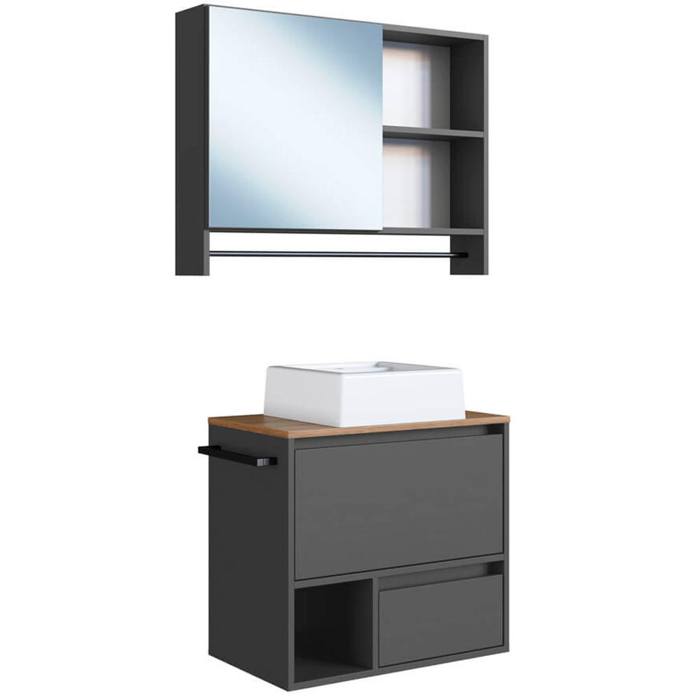 Conjunto Armario e Gabinete Com Cuba 60cm Mel Grafite PRODDY Conjunto Armario e Gabinete Com Cuba 60cm Mel Grafite PRODDY