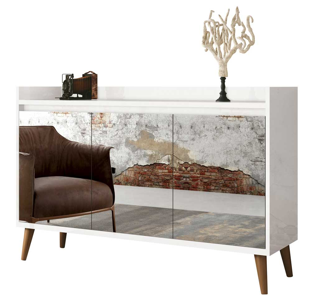 Buffet Aparador Retrô com Espelho Delux 3 Portas Branco Gloss - MoveisAqui Buffet Aparador Retrô com Espelho Delux 3 Portas Branco Gloss - MoveisAqui