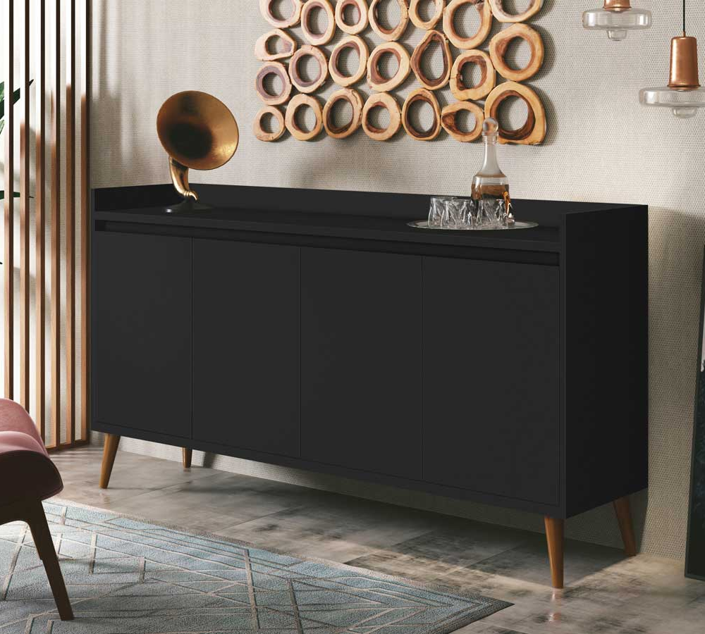 Buffet Aparador Retrô Clássico 4 Portas Preto - MoveisAqui