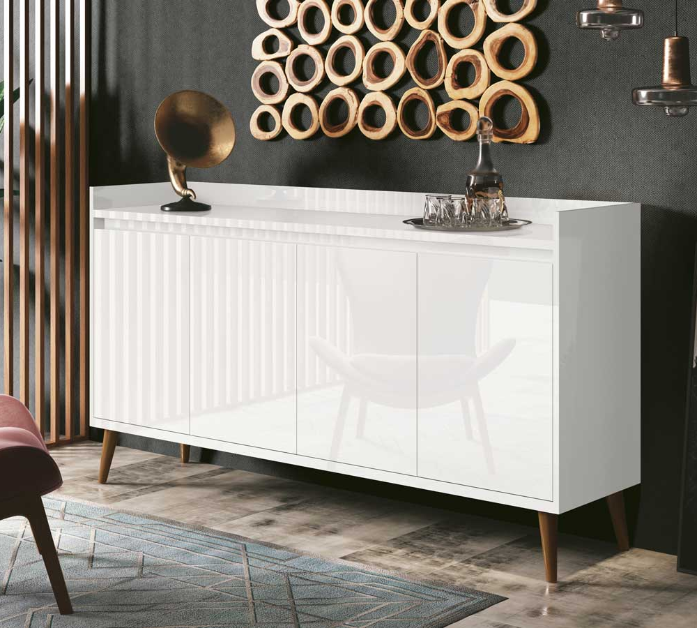 Buffet Aparador Retrô Clássico 4 Portas Branco Gloss - MoveisAqui