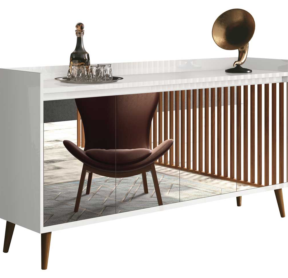 Balcao Buffet Retrô com Espelho Delta 4 Portas Branco Gloss - MoveisAqui Balcao Buffet Retrô com Espelho Delta 4 Portas Branco Gloss - MoveisAqui