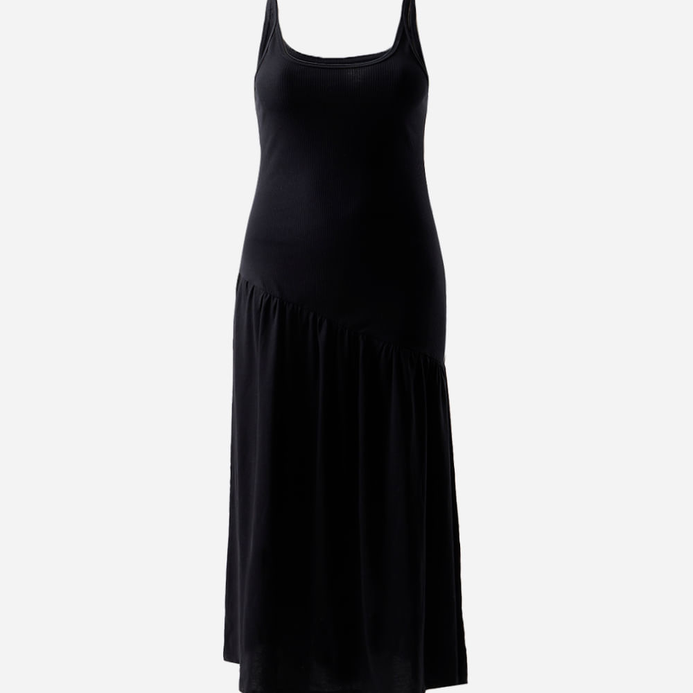 Vestido longo feminino assimétrico canelado mindset plus size preto Vestido longo feminino assimétrico canelado mindset plus size preto