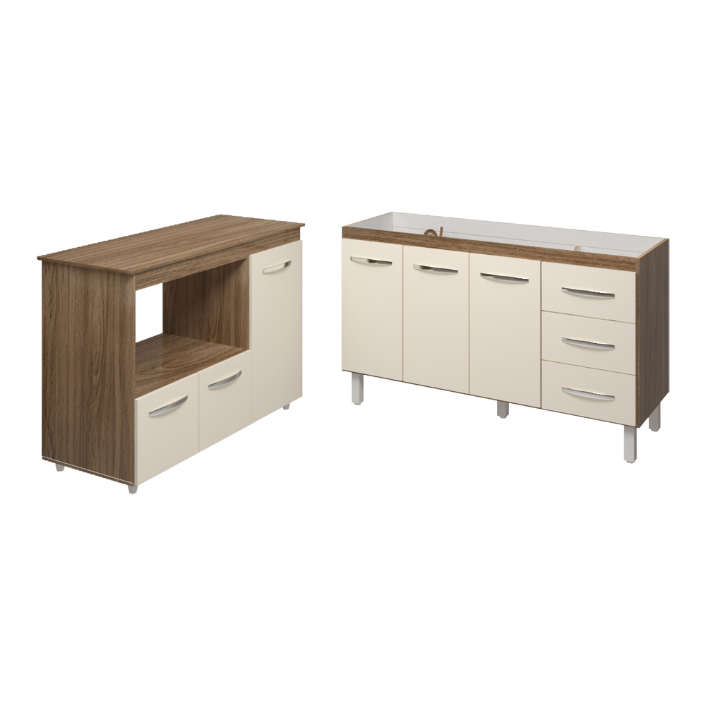 Balcão Armário Cozinha Carine Gabinete de Pia 140 cm e Balcão Lilian para Forno Elétrico e Microondas Savana Off White Balcão Armário Cozinha Carine Gabinete de Pia 140 cm e Balcão Lilian para Forno Elétrico e Microondas Savana Off White