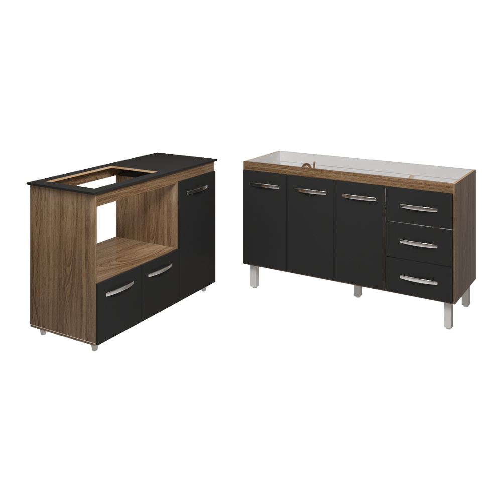 Armário Cozinha Carine Gabinete de Pia 140 cm e Balcão Alana para Cooktop 4 Bocas e Forno ou Microondas Savana Preto Armário Cozinha Carine Gabinete de Pia 140 cm e Balcão Alana para Cooktop 4 Bocas e Forno ou Microondas Savana Preto