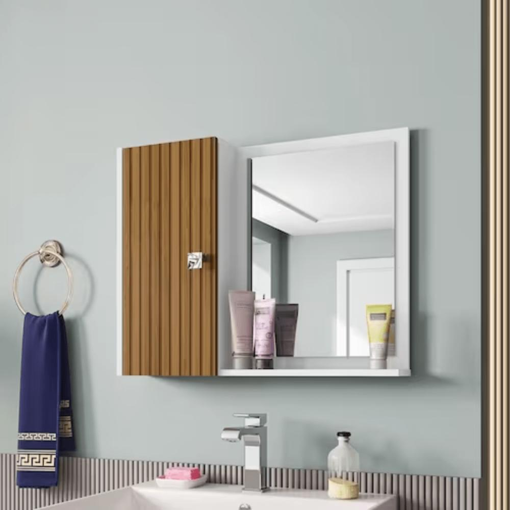 Espelheira Turim p/ Banheiro com Porta e 6 Nichos e Prateleira Branco/Ripado Espelheira Turim p/ Banheiro com Porta e 6 Nichos e Prateleira Branco/Ripado