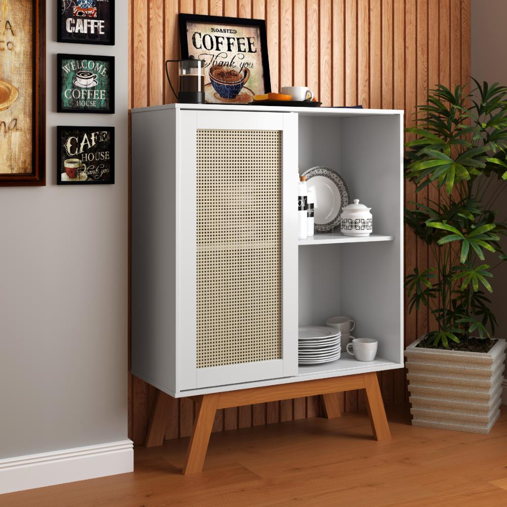 Balcao Alto Aparador Buffet com Porta de Correr Bali pés em Madeira Branco Balcao Alto Aparador Buffet com Porta de Correr Bali pés em Madeira Branco