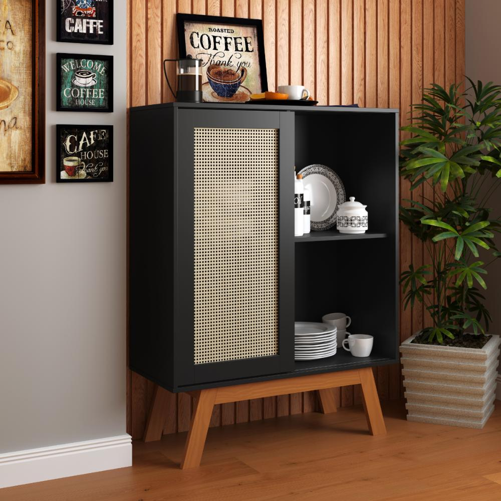 Balcao Alto Aparador Buffet com Porta de Correr Bali pés em Madeira Preto Balcao Alto Aparador Buffet com Porta de Correr Bali pés em Madeira Preto