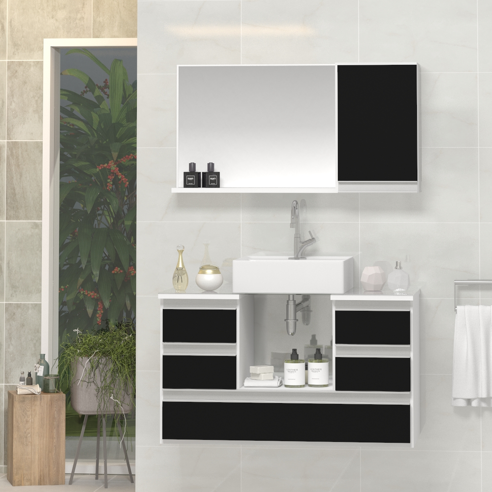 Conjunto Gabinete Banheiro POLO 80 Branco / Preto Conjunto Gabinete Banheiro POLO 80 Branco / Preto