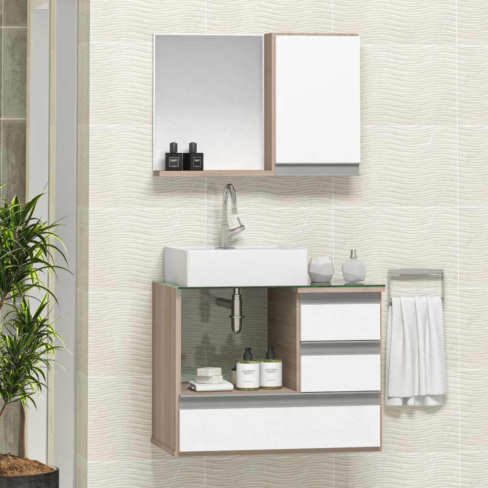 Conjunto Gabinete Banheiro POLO 60 Madeirado / Branco Conjunto Gabinete Banheiro POLO 60 Madeirado / Branco