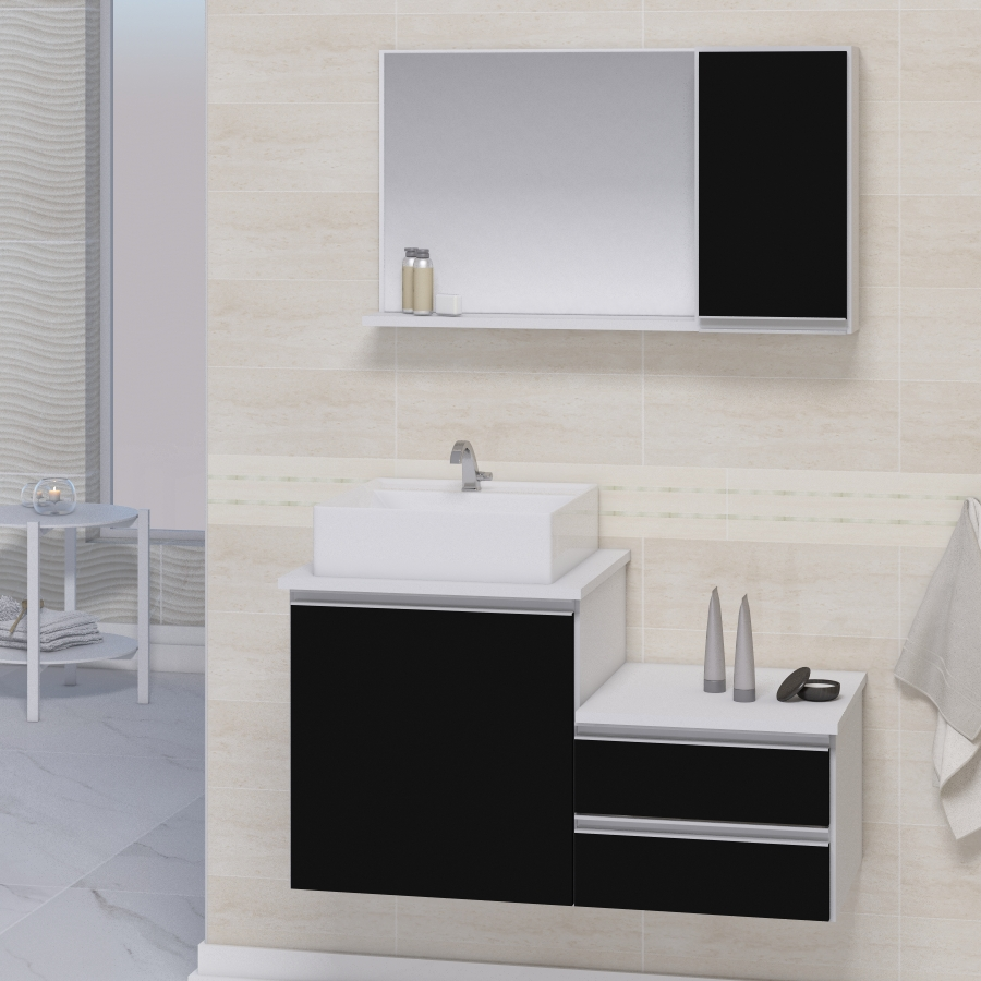 Conjunto Gabinete Banheiro CROSS 80 Branco / Preto Conjunto Gabinete Banheiro CROSS 80 Branco / Preto