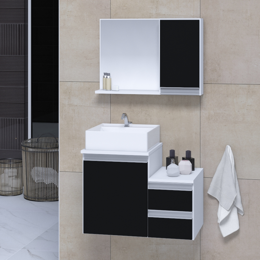 Conjunto Gabinete Banheiro CROSS 60 Branco / Preto Conjunto Gabinete Banheiro CROSS 60 Branco / Preto