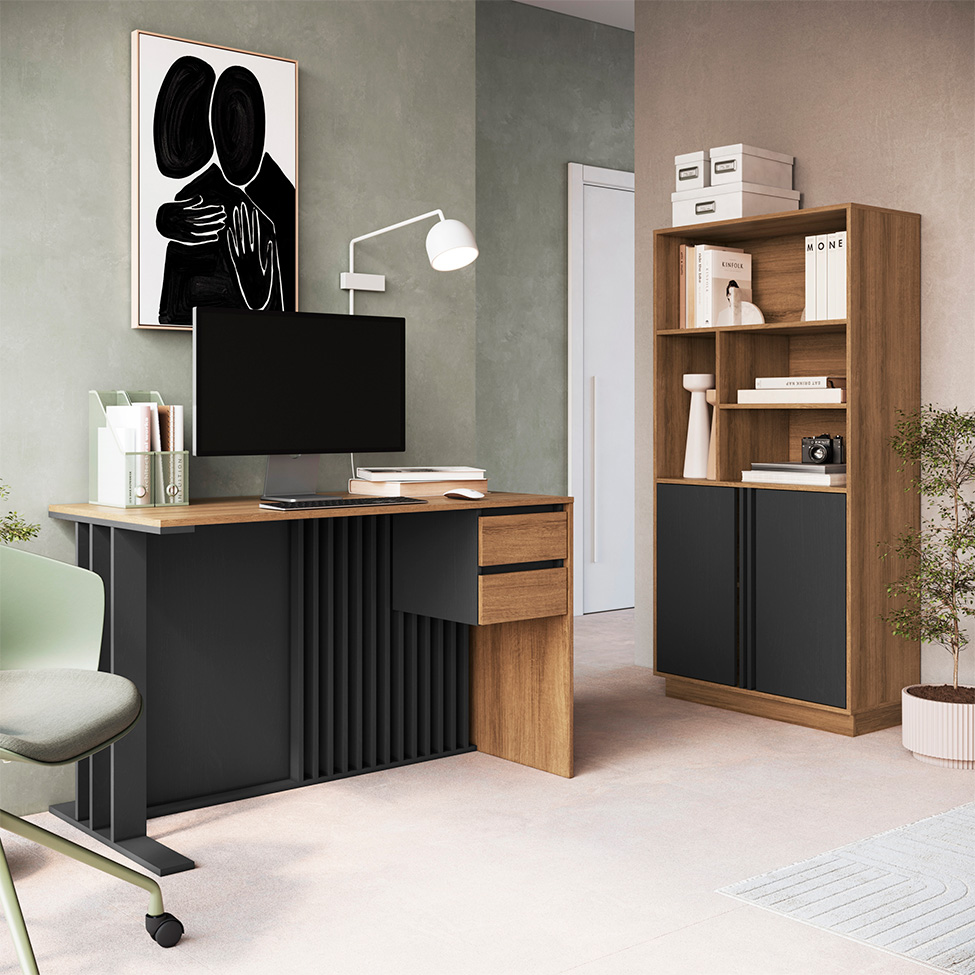 Conjunto de Escrivaninha Salir 2 Gavetas com Armário de Escritório Office com Nichos 2 Portas Mel e Grafite Conjunto de Escrivaninha Salir 2 Gavetas com Armário de Escritório Office com Nichos 2 Portas Mel e Grafite