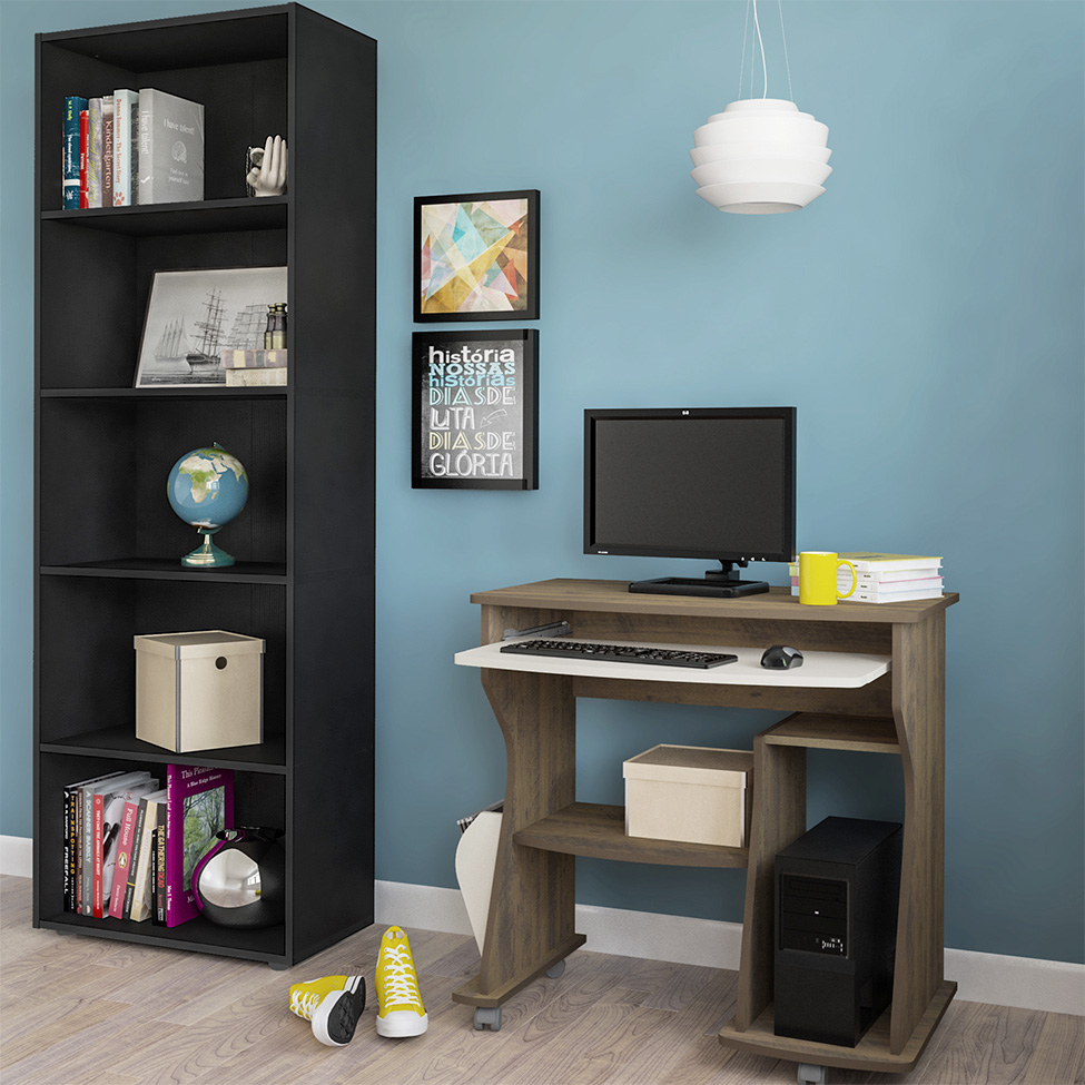 Conjunto de Mesa para Computador Cem com Estante Multy Pinho e Preto Conjunto de Mesa para Computador Cem com Estante Multy Pinho e Preto