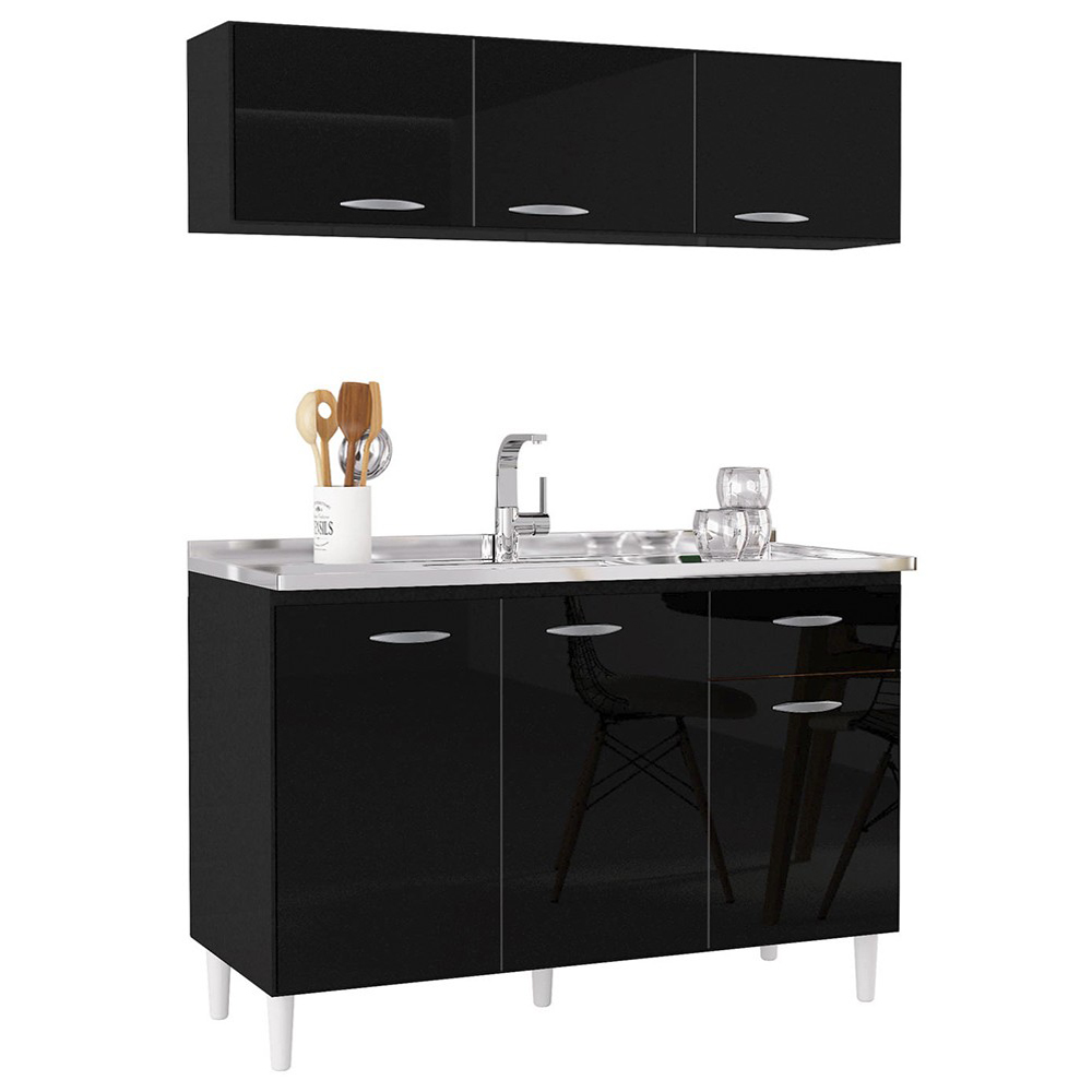 Armário Aéreo e Balcão de Cozinha com Pia Inox 120cm Classic P11 Preto - Mpozenato Armário Aéreo e Balcão de Cozinha com Pia Inox 120cm Classic P11 Preto - Mpozenato