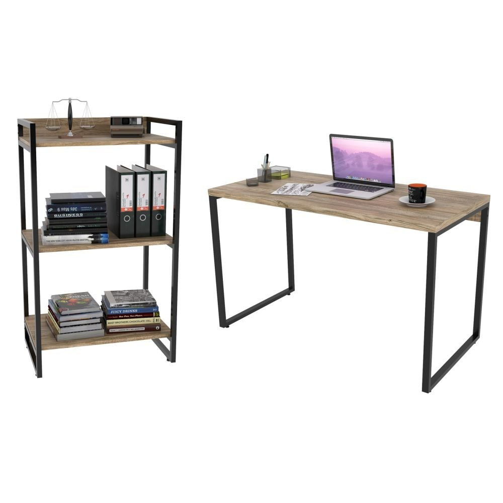 Conjunto Escritório Estilo Industrial Mesa 135cm e Estante 60cm 3 Prateleiras Prisma C08 Carvalho - Mpozenato Conjunto Escritório Estilo Industrial Mesa 135cm e Estante 60cm 3 Prateleiras Prisma C08 Carvalho - Mpozenato