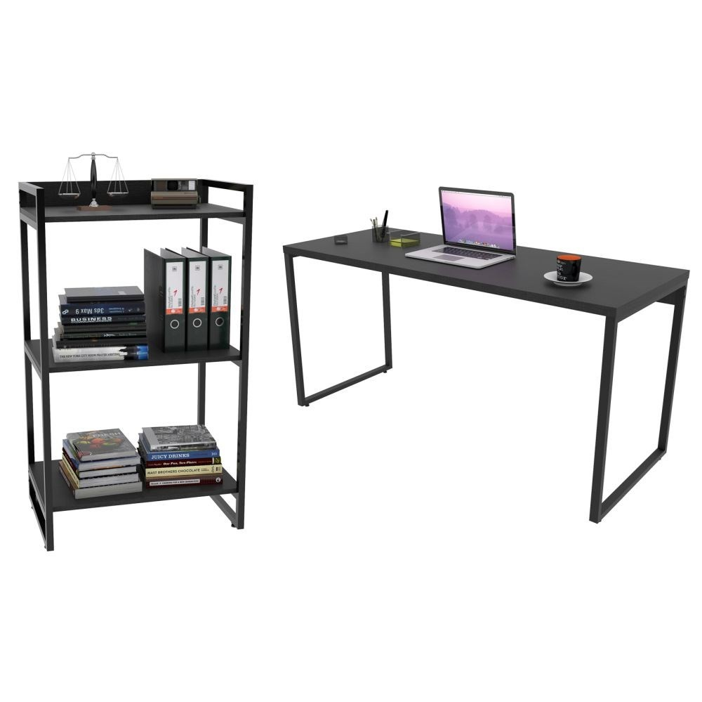 Conjunto Escritório Estilo Industrial Mesa 150cm e Estante 60cm 3 Prateleiras Prisma C08 Preto Onix - Mpozenato Conjunto Escritório Estilo Industrial Mesa 150cm e Estante 60cm 3 Prateleiras Prisma C08 Preto Onix - Mpozenato