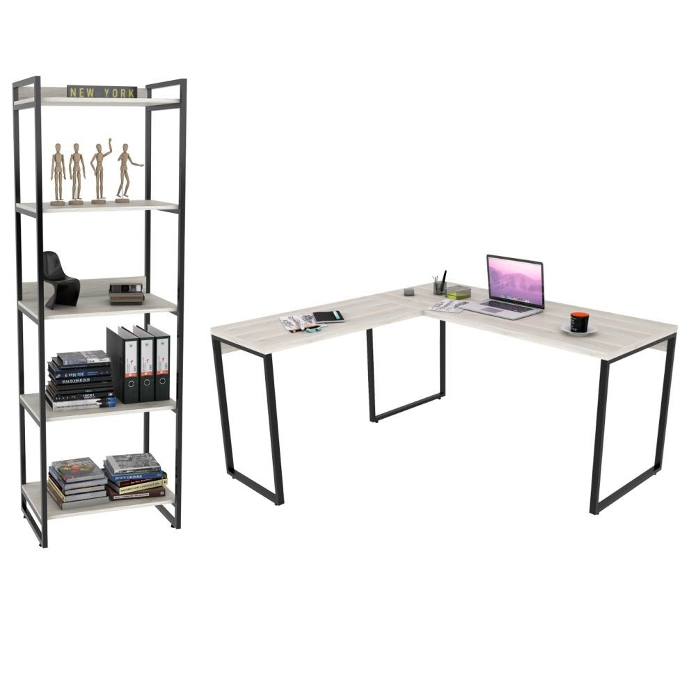 Conjunto Escritório Estilo Industrial Mesa 150x150cm e Estante 60cm 5 Prateleiras Prisma C08 Snow - Mpozenato Conjunto Escritório Estilo Industrial Mesa 150x150cm e Estante 60cm 5 Prateleiras Prisma C08 Snow - Mpozenato