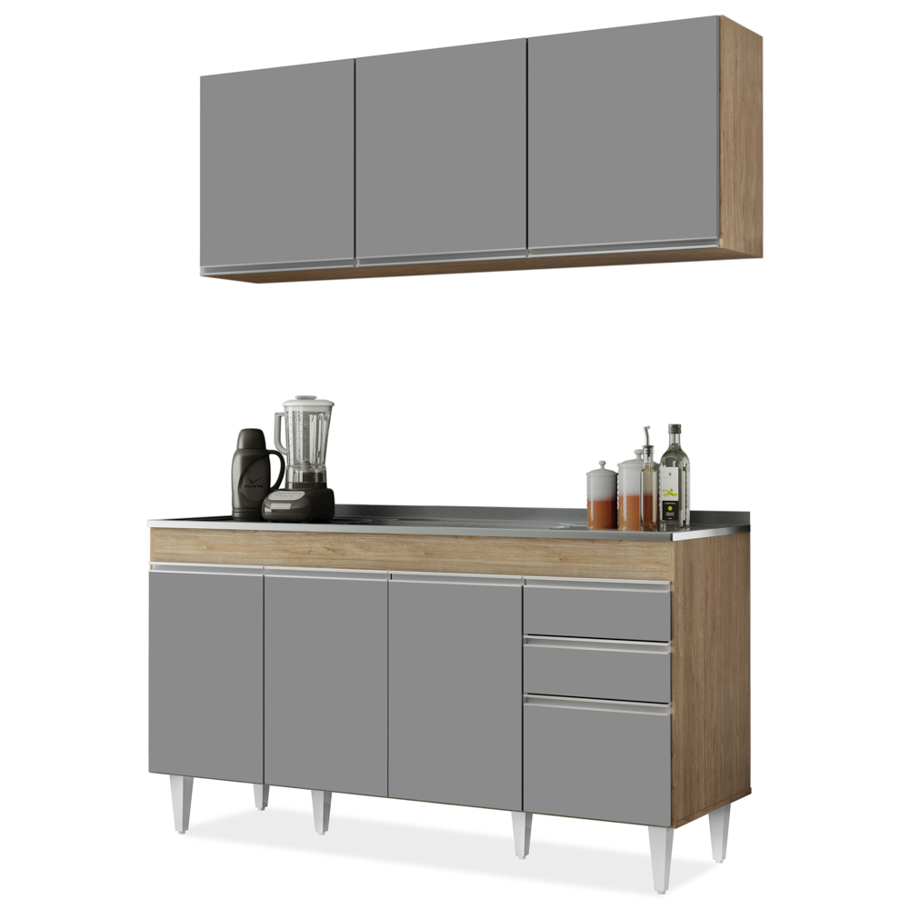 Armário Líbia e Balcão com Pia Inox 150cm Tunísia L03 Castanho/Cinza - Mpozenato Armário Líbia e Balcão com Pia Inox 150cm Tunísia L03 Castanho/Cinza - Mpozenato