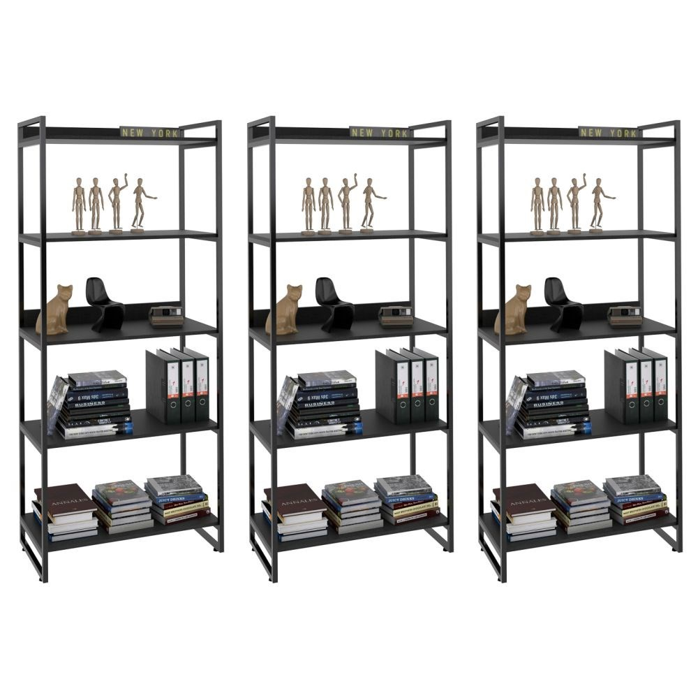 Kit 3 Estantes Livreiro Multiuso Prisma Estilo Industrial 80cm 5 Prateleiras C08 Preto Onix - Mpozenato Kit 3 Estantes Livreiro Multiuso Prisma Estilo Industrial 80cm 5 Prateleiras C08 Preto Onix - Mpozenato