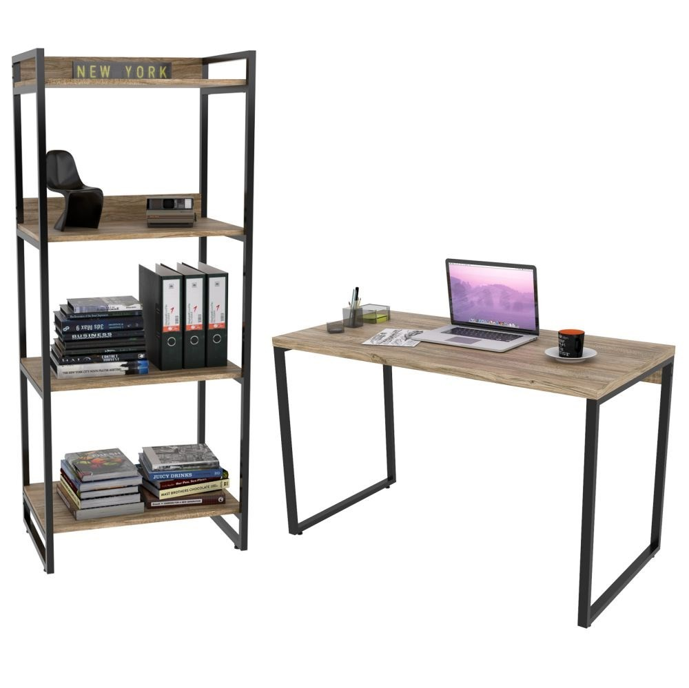 Conjunto Escritório Estilo Industrial Mesa 120cm e Estante 60cm 4 Prateleiras Prisma C08 Carvalho - Mpozenato