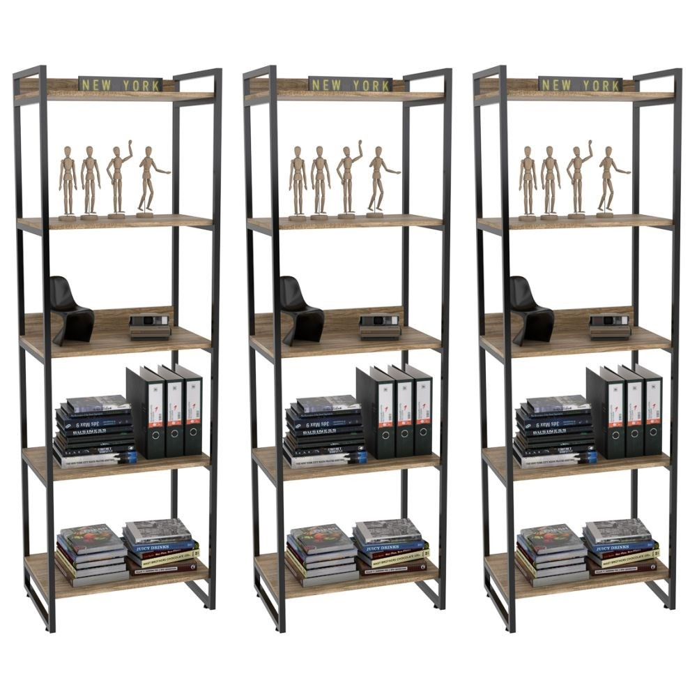Kit 3 Estantes Livreiro Multiuso Prisma Estilo Industrial 60cm 5 Prateleiras C08 Carvalho - Mpozenato Kit 3 Estantes Livreiro Multiuso Prisma Estilo Industrial 60cm 5 Prateleiras C08 Carvalho - Mpozenato