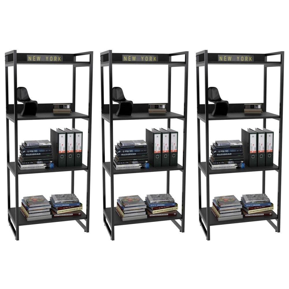 Kit 3 Estante Livreiro Prisma Estilo Industrial 60cm 4 Prateleiras C08 Preto Onix - Mpozenato Kit 3 Estante Livreiro Prisma Estilo Industrial 60cm 4 Prateleiras C08 Preto Onix - Mpozenato