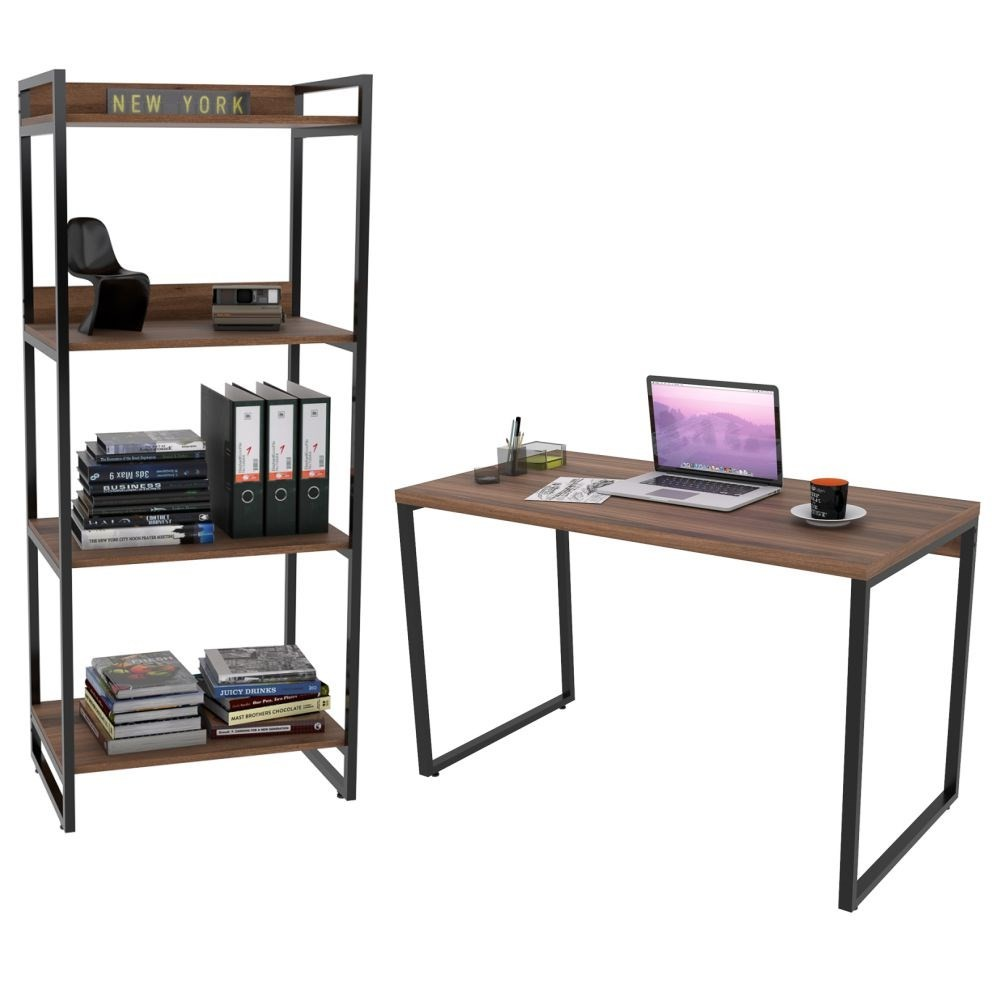Conjunto Escritório Estilo Industrial Mesa 135cm e Estante 60cm 4 Prateleiras Prisma C08 Nogal - Mpozenato Conjunto Escritório Estilo Industrial Mesa 135cm e Estante 60cm 4 Prateleiras Prisma C08 Nogal - Mpozenato