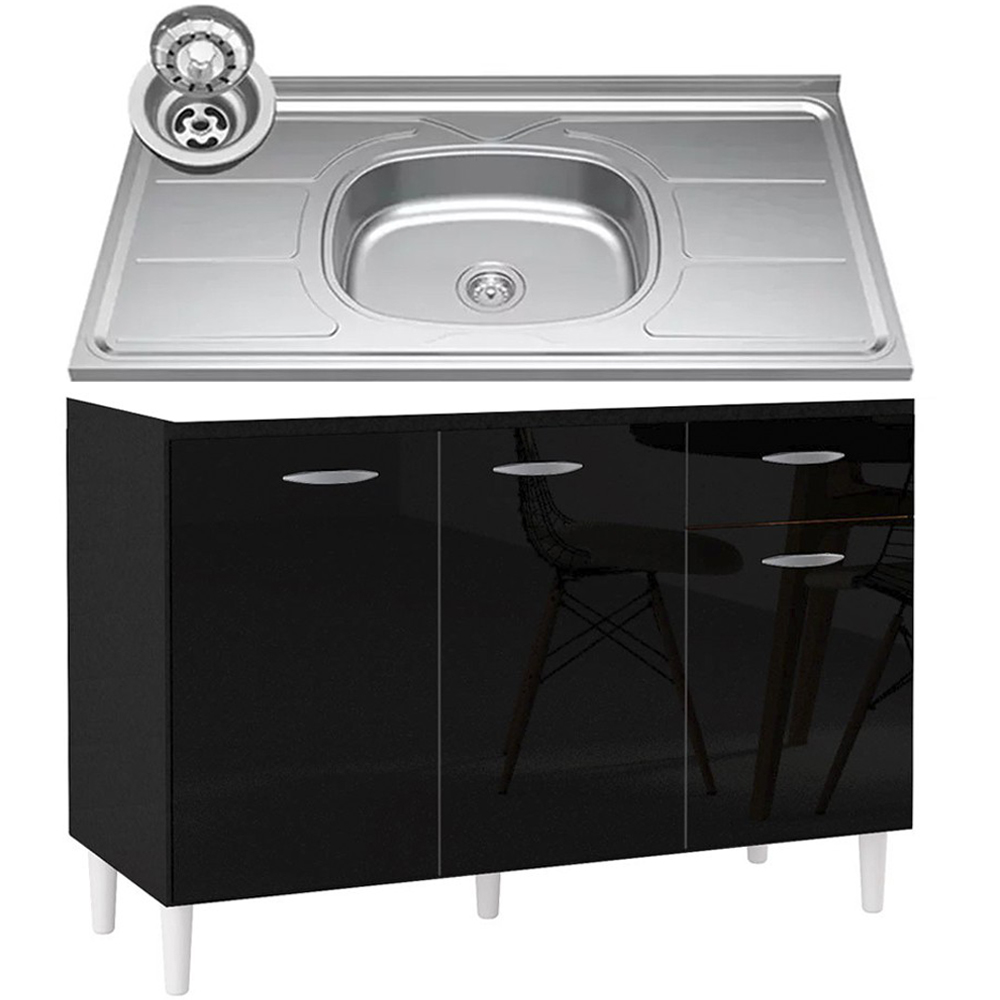 Balcão de Cozinha com Pia Inox 120cm 3 Portas Classic P11 Preto - Mpozenato Balcão de Cozinha com Pia Inox 120cm 3 Portas Classic P11 Preto - Mpozenato