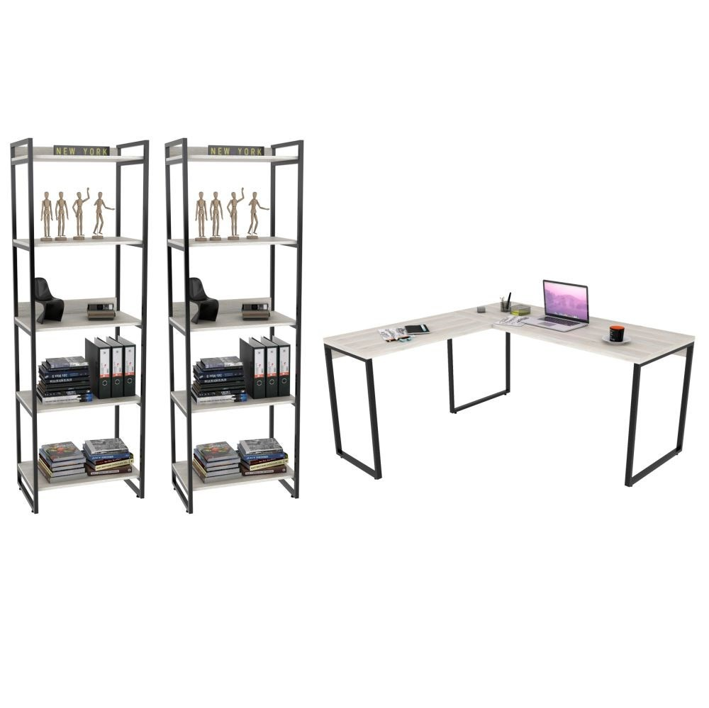 Conjunto Escritório Estilo Industrial Mesa 150x150cm e 2 Estantes 60cm 5 Prateleiras Prisma C08 Snow - Mpozenato Conjunto Escritório Estilo Industrial Mesa 150x150cm e 2 Estantes 60cm 5 Prateleiras Prisma C08 Snow - Mpozenato