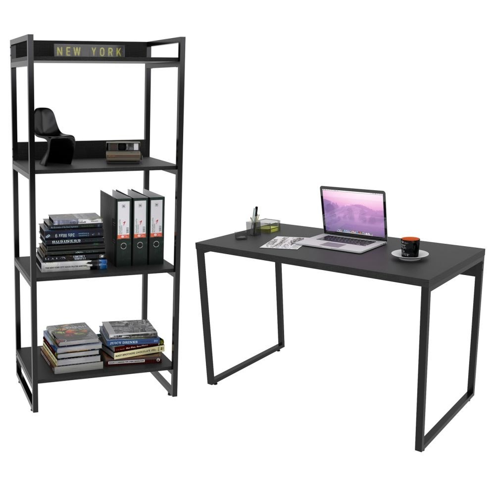 Conjunto Escritório Estilo Industrial Mesa 120cm e Estante 60cm 4 Prateleiras Prisma C08 Preto Onix - Mpozenato Conjunto Escritório Estilo Industrial Mesa 120cm e Estante 60cm 4 Prateleiras Prisma C08 Preto Onix - Mpozenato