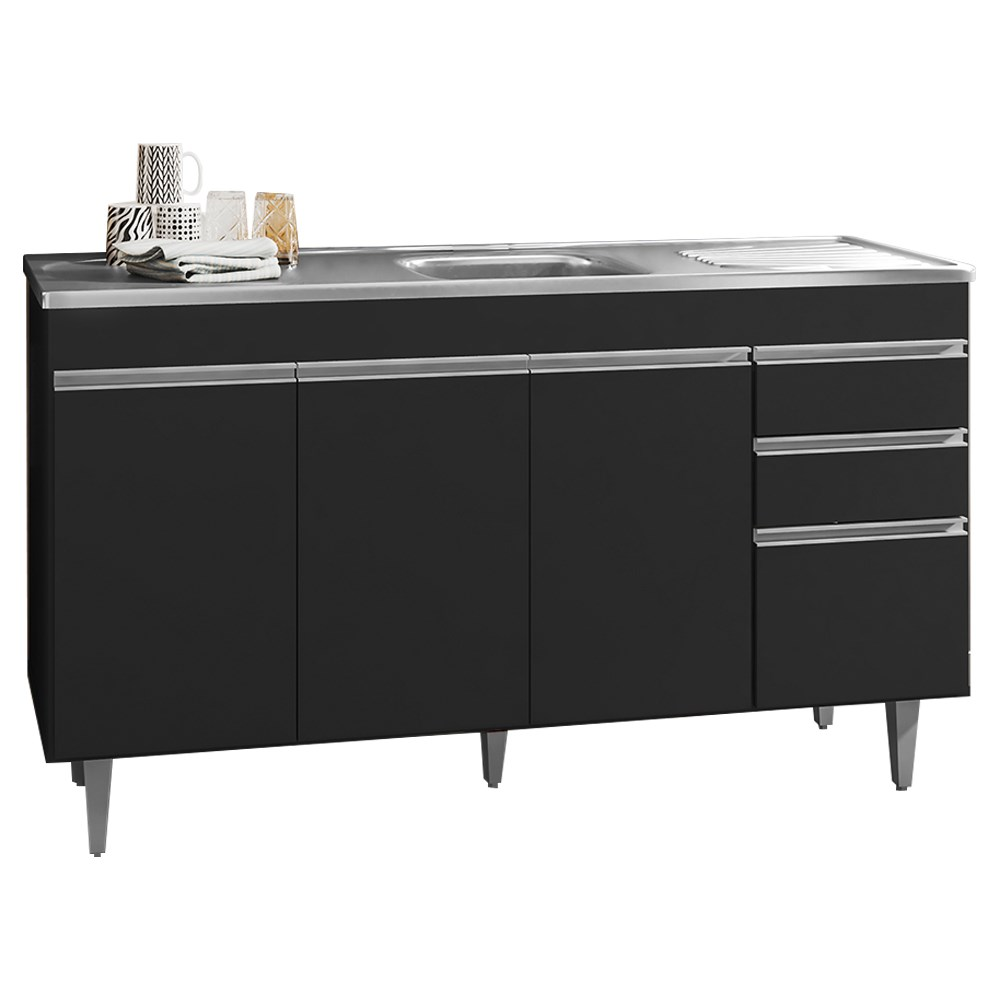 Balcão Gabinete com Pia Inox 150cm 3 Portas 3 Gavetas Andréia Preto Total - AJL Móveis Balcão Gabinete com Pia Inox 150cm 3 Portas 3 Gavetas Andréia Preto Total - AJL Móveis