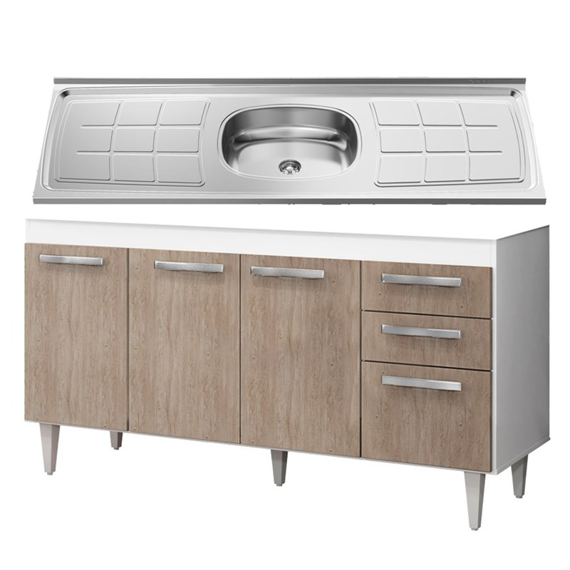 Balcão Gabinete Lis com Pia Inox 150cm 4 Portas Branco/Castanho - Mpozenato Balcão Gabinete Lis com Pia Inox 150cm 4 Portas Branco/Castanho - Mpozenato