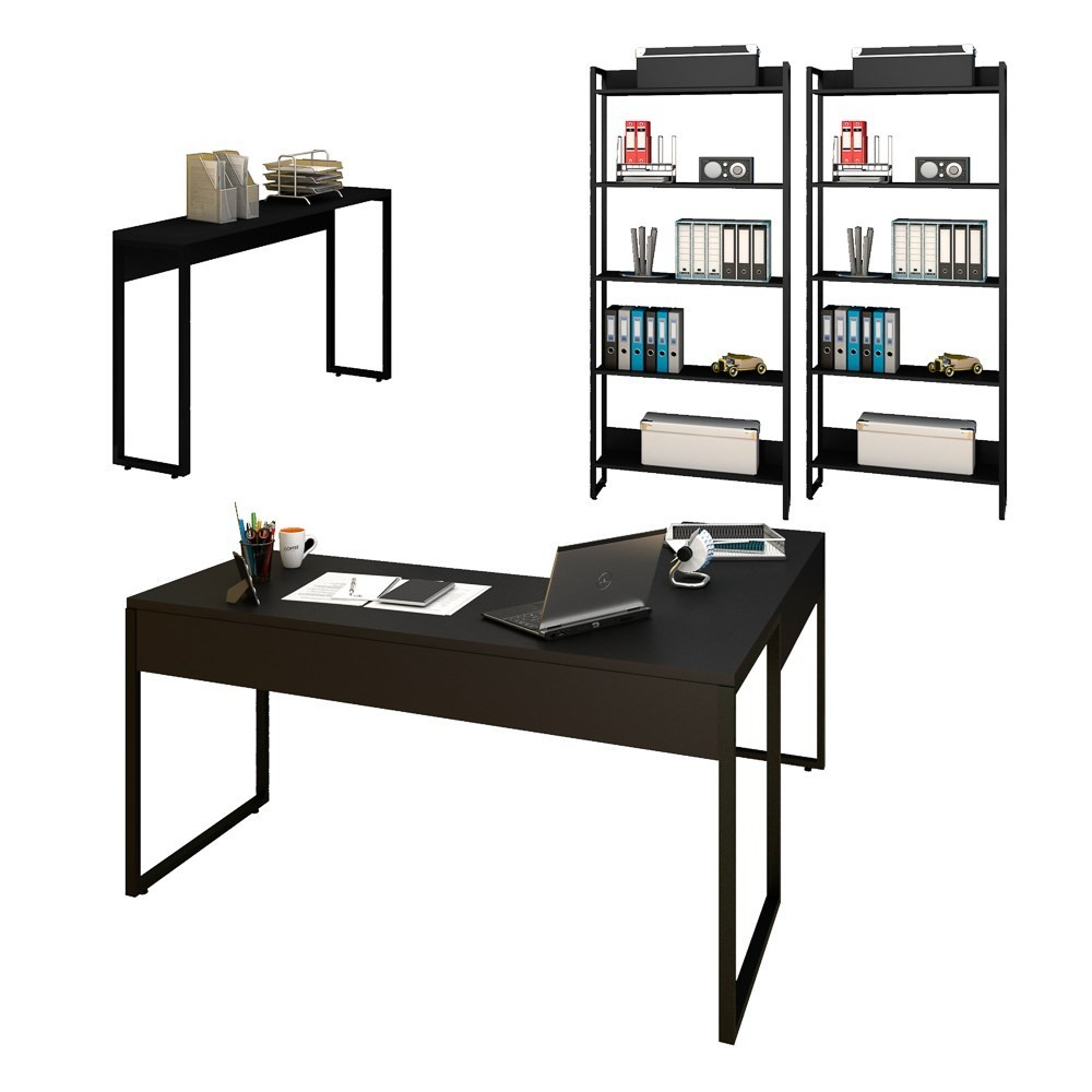 Conjunto Escritório Mesa em L Aparador e 2 Estantes Studio Industrial M18 Preto - Mpozenato Conjunto Escritório Mesa em L Aparador e 2 Estantes Studio Industrial M18 Preto - Mpozenato