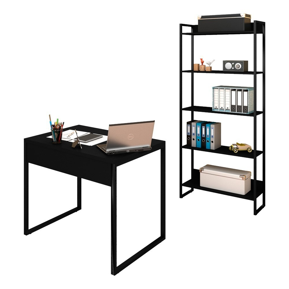 Conjunto Escritório Mesa 90 e Estante Studio Industrial M18 Preto - Mpozenato Conjunto Escritório Mesa 90 e Estante Studio Industrial M18 Preto - Mpozenato