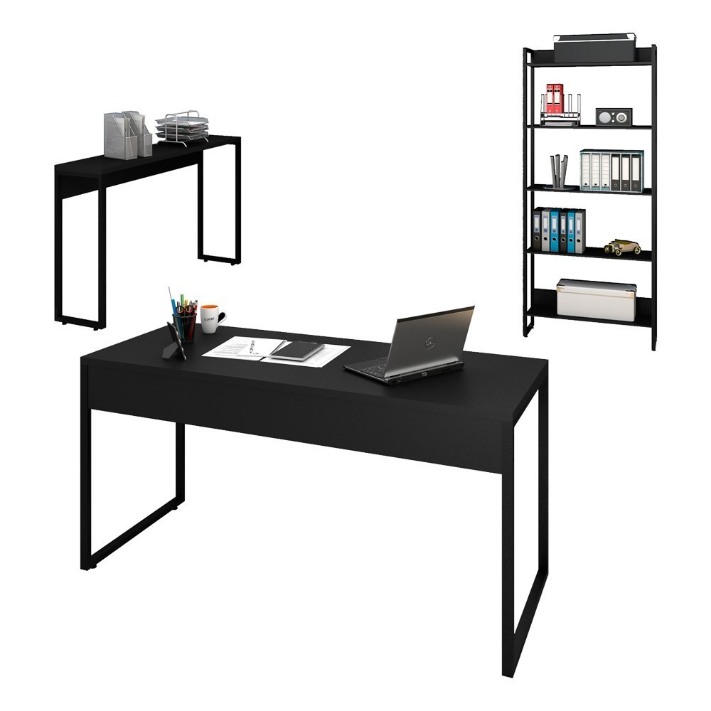 Conjunto Escritório Mesa 150 Aparador e Estante Studio Industrial M18 Preto - Mpozenato Conjunto Escritório Mesa 150 Aparador e Estante Studio Industrial M18 Preto - Mpozenato