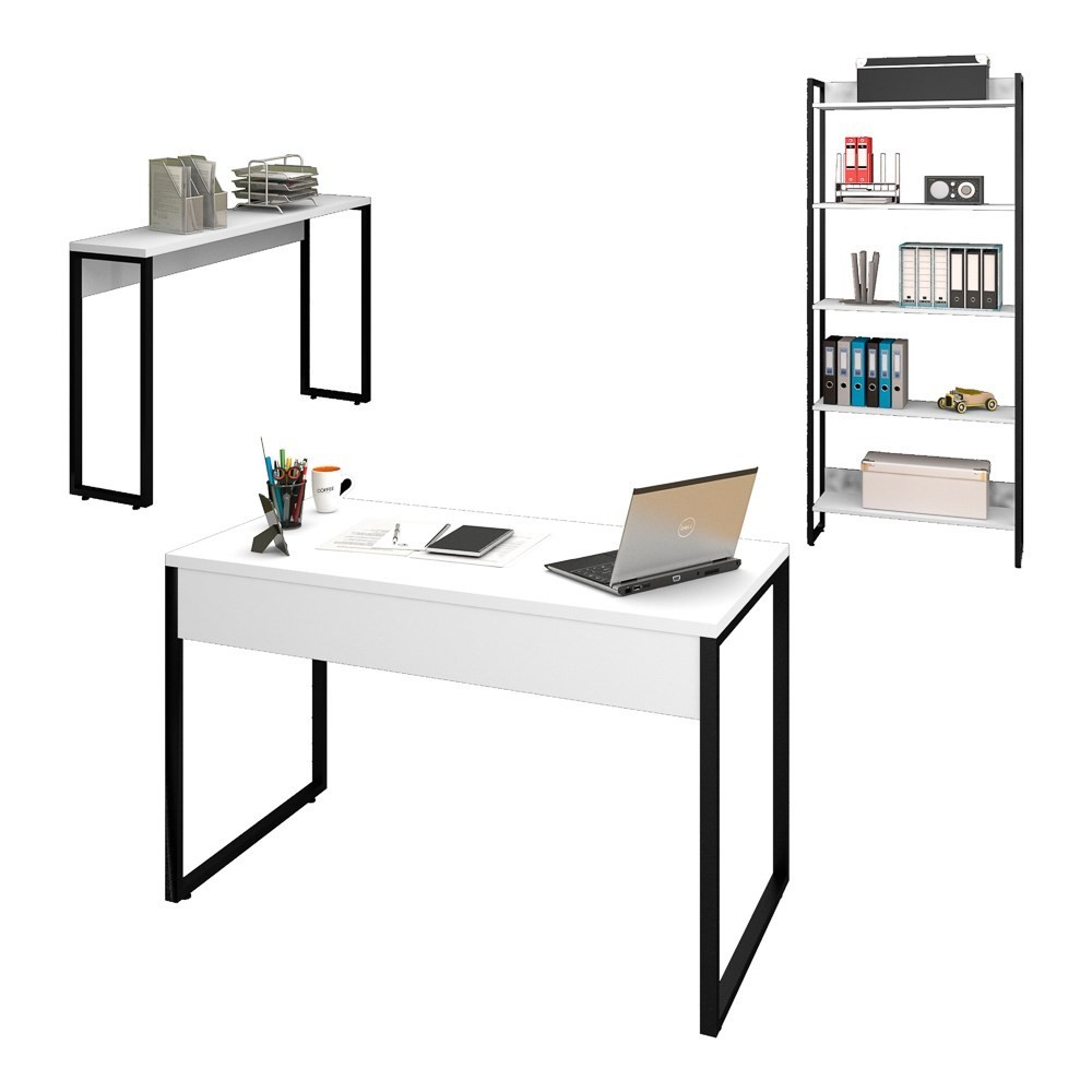 Conjunto Escritório Mesa 120 Aparador e Estante Studio Industrial M18 Branco - Mpozenato Conjunto Escritório Mesa 120 Aparador e Estante Studio Industrial M18 Branco - Mpozenato