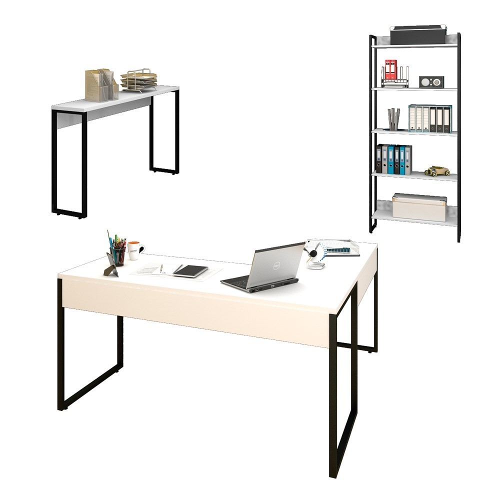 Conjunto Escritório 3 peças Mesa em L Estante e Aparador Studio Industrial M18 Branco - Mpozenato Conjunto Escritório 3 peças Mesa em L Estante e Aparador Studio Industrial M18 Branco - Mpozenato